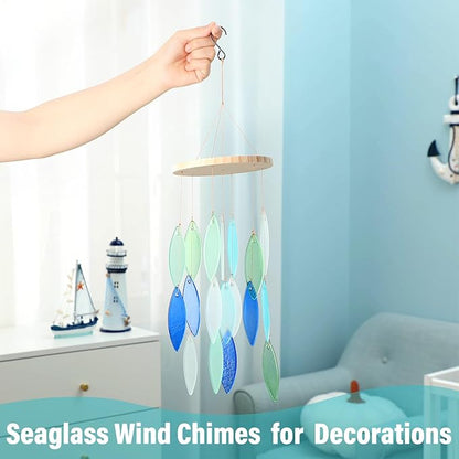 Wenqik Seaglass Wind Chimes Handcrafted Shell Wind Chimes Coastal Outdoor Decor for Indoor Outdoors Garden Home Housewarming Decor Beach Holiday Summer Women Gift, 26 Inch