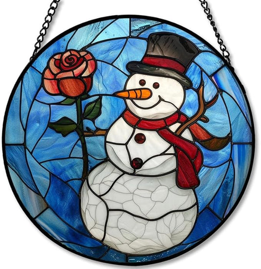 Stained Glass Window Hanging Christmas Snowman with Rose 11.8in Sun Catchers Panel for Indoor Decorative Display for Mom Wife Lovers Festive