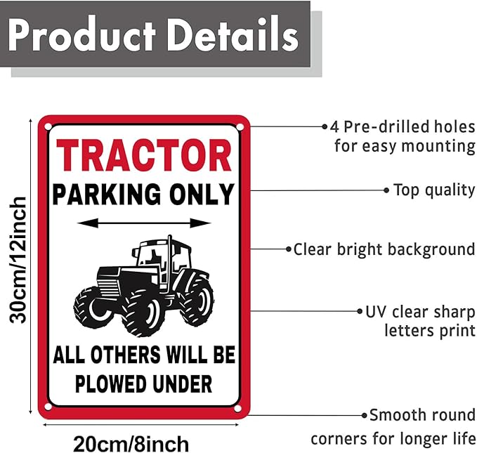 Vintage Metal Tin Sign Tractor Parking Only Sign for Home Barn Farm Funny Farm Signs for Outdoor & Indoor Use, 8x12