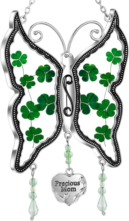 KY&BOSAM Shamrock Butterfly Suncatcher Precious Mom Gifts Irish Celtic for Window Hanging Wind Chime Real Flower Wings with Metal Charm Gifts for Women St Patrick's Mothers Day Birthday Christmas