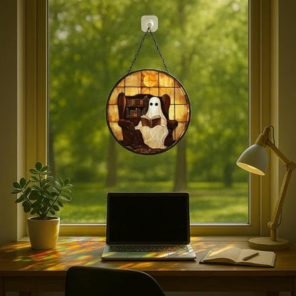 Stained Glass Window Hanging Halloween Ghost Reading Book 7.8in Sun Catchers Panel for Indoor Decorative Display for Mom Wife Lovers Festive