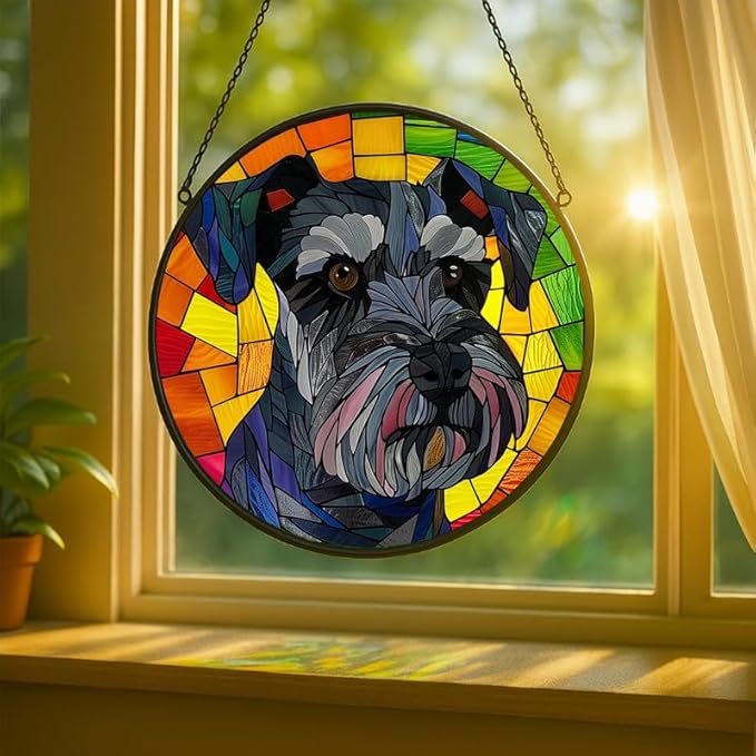 Stained Glass Window Hanging Schnauzer Dog 9.8in Sun Catchers Panel for Indoor Decorative Display for Mom Wife Lovers Festive