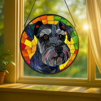 Stained Glass Window Hanging Schnauzer Dog 11.8in Sun Catchers Panel for Indoor Decorative Display for Mom Wife Lovers Festive