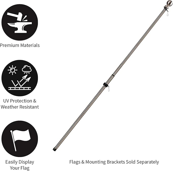 Evergreen Flag Telescoping 5ft Metal Flag Pole | Incl Two Tangle-Free Ring Clips | Stainless Steel | Wall Mounted for Home Garden Outdoor | House and 3'x5' American Flags with Pole Sleeve or Grommets