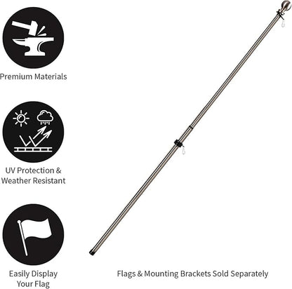 Evergreen Flag Telescoping 5ft Metal Flag Pole | Incl Two Tangle-Free Ring Clips | Stainless Steel | Wall Mounted for Home Garden Outdoor | House and 3'x5' American Flags with Pole Sleeve or Grommets