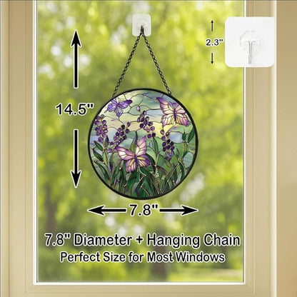 Purple Berries and Butterflies Stained Glass Window Hanging Panel – 7.8in Floral Nature Suncatcher Wall Art for Home Window Decor and Gift