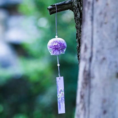 Japanese Wind Chime Glass Outdoor Ornament for Garden, Patio & Balcony, Hanging Wind-Bell Decoration Gift, Blessing Pendant Windchimes & PVC Wind-Catcher, Purple Flower