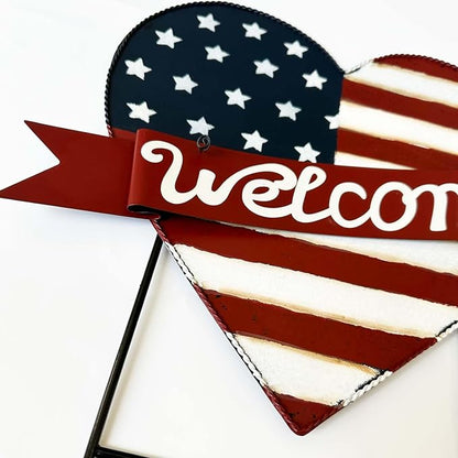 USA Flag Heart Welcome Lawn Sign – 22.5" x 16" Metal Garden Decorative Stake, Patriotic Yard Decor, American Flag Outdoor Decor for 4th of July, Red Blue & White Metal Sign, Memorial Day, Veterans Day, Rustic Americana Lawn Decoration