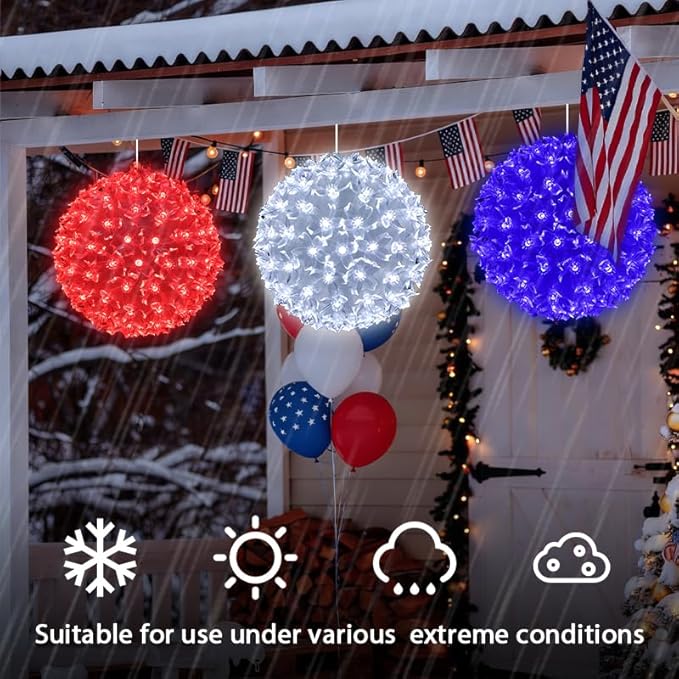 3PK 6 in Patriotic Light Ball, 100LED Red White Blue Sphere Lights, Steady Hanging Globe Lights for 4th of July, Memorial Day, Independence Day & Veteran Day, Red White Blue Decor for Outdoor Home