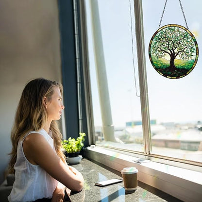 Mom Grandma Gift, Tree of Life Suncatcher, Stained Glass Window Hanging, Sun Catchers Indoor Window, Handmade Suncatchers for Windows Hanging, Spring Home Garden Decor Glass Panel
