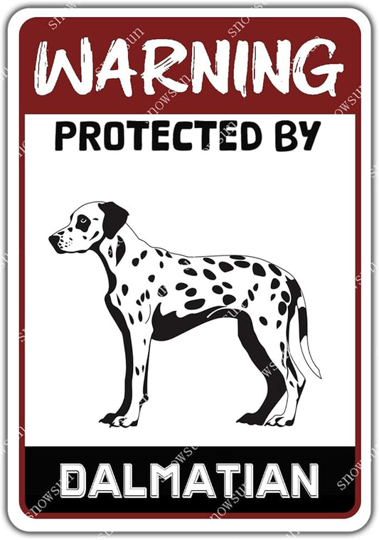 snowsun Warning Dog Metal Signs Protected by Dalmatian Tin Sign for Home Garden Yard Street Wall Decor 8×12 Inches