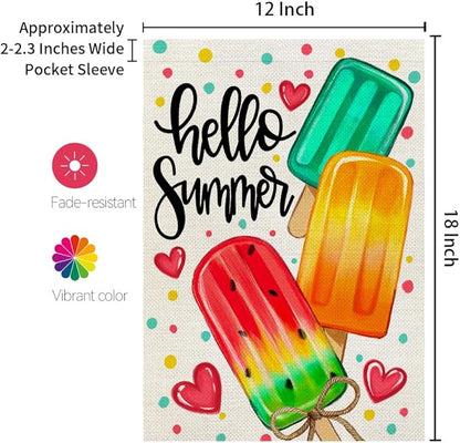 CROWNED BEAUTY Summer Garden Flag Popsicles Double Sided 12x18 Inches Small Burlap Seasonal Welcome Yard Decoration for Outside Porch CF1813-12