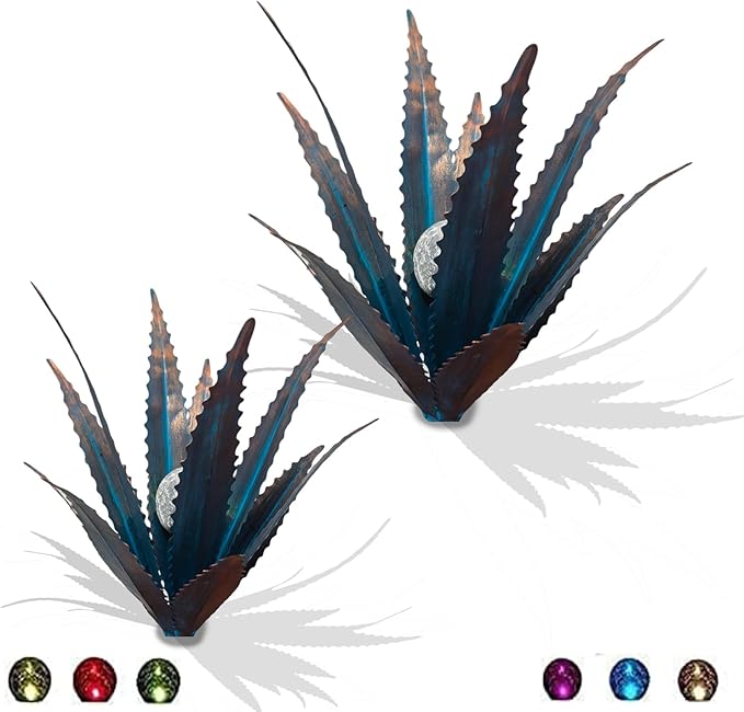 2 PCS Metal Agave Sculpture Decoration, Vintage Country Hand-Painted Sculpture DIY Metal Agave Plant, Home Garden Courtyard Lawn Outdoor Decoration (Serrated Blue)