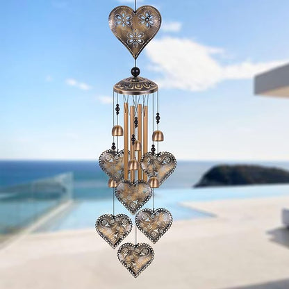Heart Shape Wind Chimes for Garden, Gifts for Mom, Home, Balconies, Rooms, Patio, Indoor, Outdoor Heart Decoration, Hearts Shape Wind Catcher, Bronze Memorial Wind Bells, Hearts Wind Chimes Decor