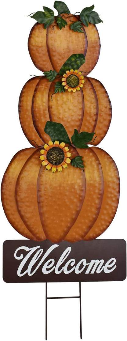 Linfevisi Pumpkin Yard Sign Stakes Stacked Pumpkin Garden Stakes Outdoor Metal Fall Decor Welcome Signs Lawn Ornaments for Autumn Harvest Thanksgiving Halloween 38.4"