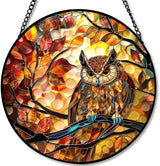 Stained Glass Window Hanging - Autumn Leaves and Perched Owl Sun Catchers Indoor Stained Glass Panels Wall Decor for Mom,Wife,Lovers,Festive