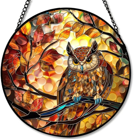 Stained Glass Window Hanging - Autumn Leaves and Perched Owl Sun Catchers Indoor Stained Glass Panels Wall Decor for Mom,Wife,Lovers,Festive