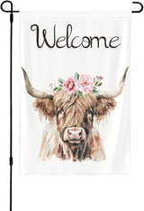 Welcome Pink Floral Highland Cow Garden Flags 12×18 Inch Double Sided Decorative Yard Banner Seasonal Flag for Outdoor Outside Decor