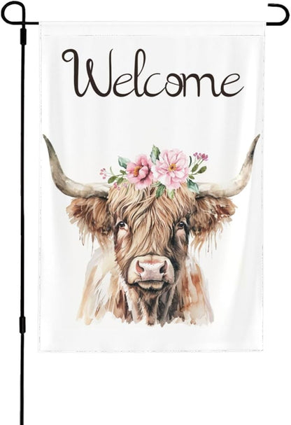 Welcome Pink Floral Highland Cow Garden Flags 12×18 Inch Double Sided Decorative Yard Banner Seasonal Flag for Outdoor Outside Decor