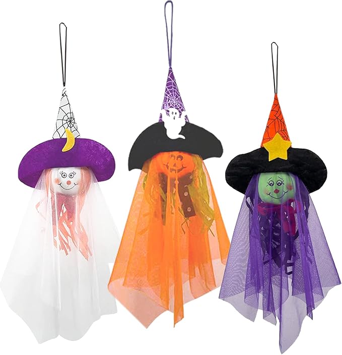 Halloween Hanging Ghost Decorations Outdoor, Pumpkin Witch Halloween Tree Ornaments, Cute Flying Ghost Straw Windsock Pendant Home Indoor Decor Yard Patio Lawn Garden Outside Kids Party Supplies 3PCS