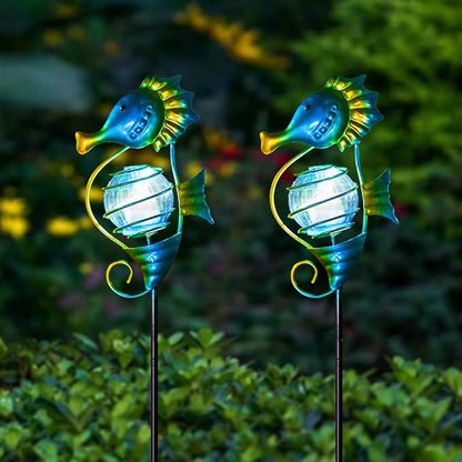Solar Lights Outdoor 2 Pack, Metal Garden Decorative Stake Solar Lights Blue Seahorse Decor for Garden, Pathway, Lawn, Patio, Yard