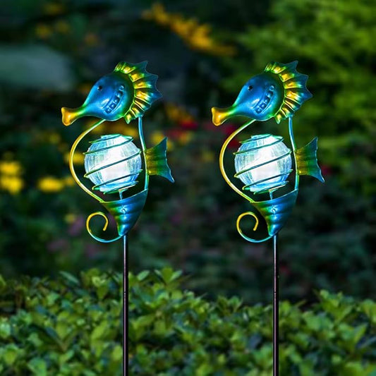 Solar Lights Outdoor 2 Pack, Metal Garden Decorative Stake Solar Lights Blue Seahorse Decor for Garden, Pathway, Lawn, Patio, Yard
