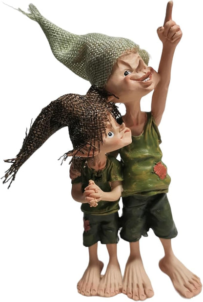 Cute Pixie Statue Fairy Garden Elf Brothers Figurine, Resin Craft Gift Desktop Ornament, Outdoor Statue for Patio, Lawn, Yard Decor