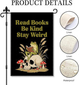Read Books Be Kind Stay Weird Garden Flag Double Sided Yard Outdoor Decoration 12x18 Inch, Bookish Frog Outdoor Garden Flag, Kind Reading Room Decor Banner, Librarian Book Lovers Gifts