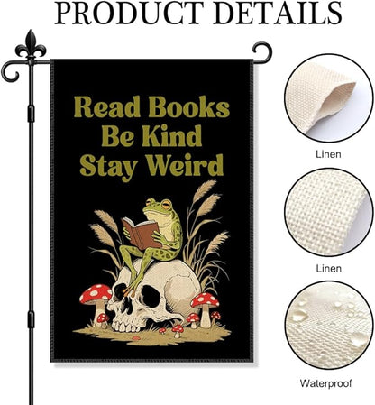 Read Books Be Kind Stay Weird Garden Flag Double Sided Yard Outdoor Decoration 12x18 Inch, Bookish Frog Outdoor Garden Flag, Kind Reading Room Decor Banner, Librarian Book Lovers Gifts