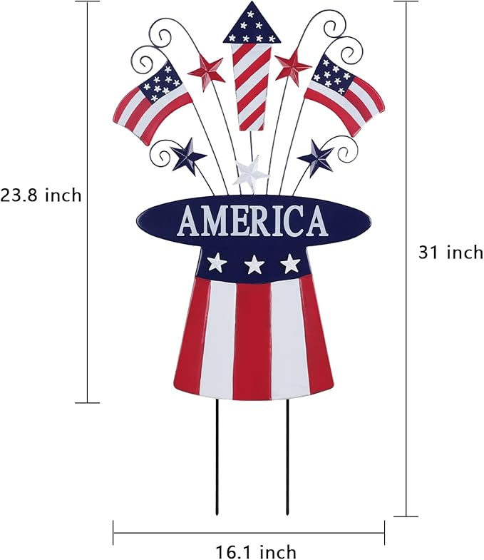 hogardeck 4th of July Decorations Outdoor, 31" Metal Patriotic Hat with Flag Star Rocket Decorative Garden Stakes for Fourth of July Decorations, Memorial Day Yard Signs for Garden Lawn Porch Decor