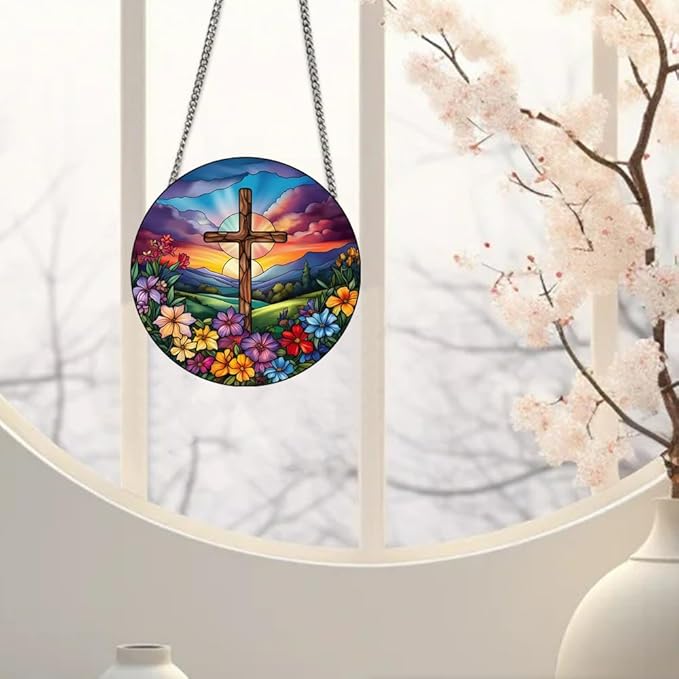 Cross Flowers Stained Window Hangings with Chain – Acrylic Cross Flowers Ornament for Garden, Patio and Indoor Decor, Housewarming Gift for Mom, Grandma