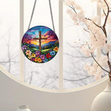 Cross Flowers Stained Window Hangings with Chain – Acrylic Cross Flowers Ornament for Garden, Patio and Indoor Decor, Housewarming Gift for Mom, Grandma
