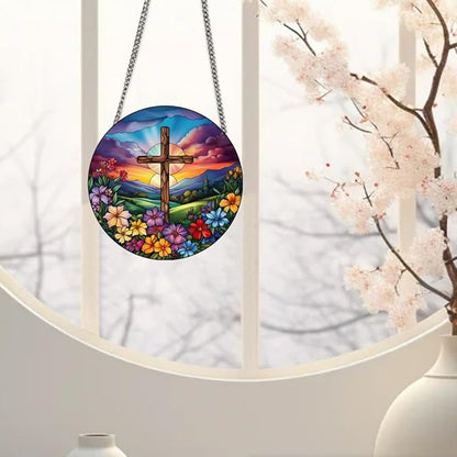 Cross Flowers Stained Window Hangings with Chain – Acrylic Cross Flowers Ornament for Garden, Patio and Indoor Decor, Housewarming Gift for Mom, Grandma