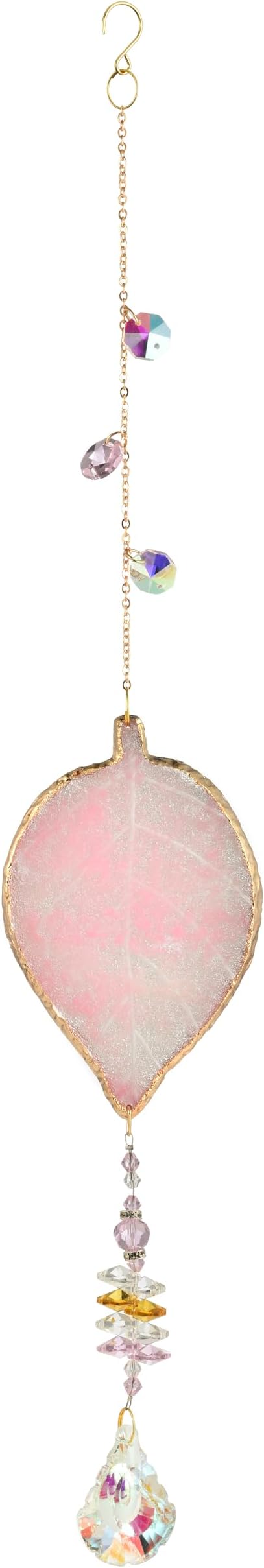 Hanging Crystal Suncatcher, Sun Catchers Indoor Window, Leaf-Shaped Crystal Hanging Ornament, Hanging Crystals for Decoration, Birthday Gift (Pink)