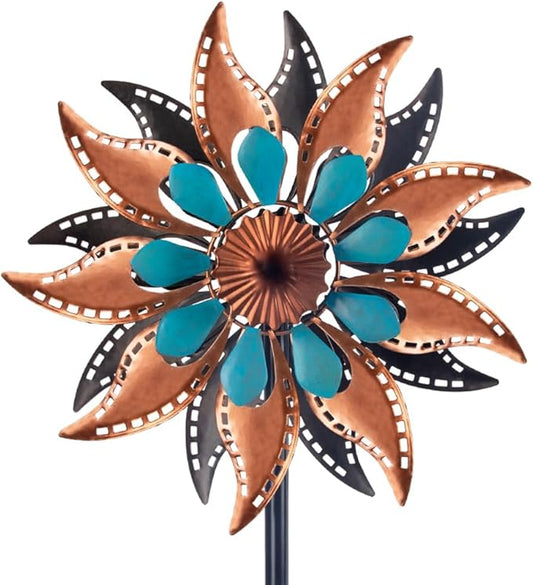 VEWOGARDEN Metal Wind Spinners Outdoor Kinetic Flower Wind Spinner for Outdoor Garden Lawn Patio Decorations, Antique Bronze & Blue