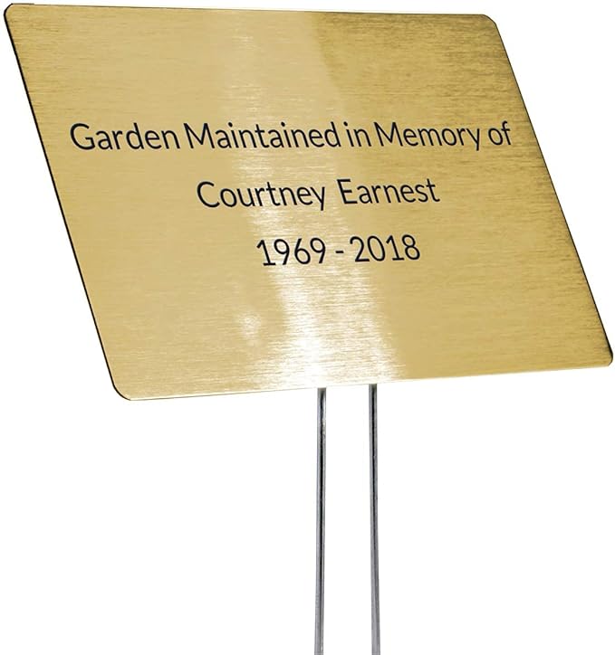 Outdoor Metal Garden Sign, Label, or Memorial. 4 x 2" or 6 x 4" sign with rounded corners and a 10" stake. Materials Include: Stainless Steel, Brass, Copper, Bronze and Titanium. (Brass, 4 x 6")