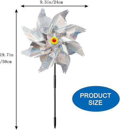 Sparkly Reflective Pinwheels with Stakes, Wind Spinners Outdoor Bird Scare Devices, Foil Pin Wheel Holographic Whirl Windmill for Yard Garden Decor Garden Wind Spinner 6 Packs - Silver
