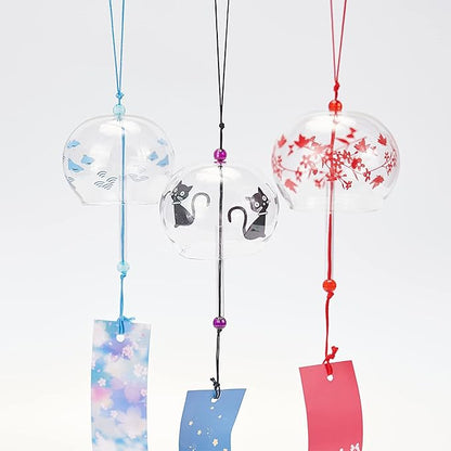 BENECREAT 3Pcs Japanese Glass Wind Chime, Handmade Wind Bells with Red/Blue/Black Pendants for Home Garden Decor, Birthday Gift