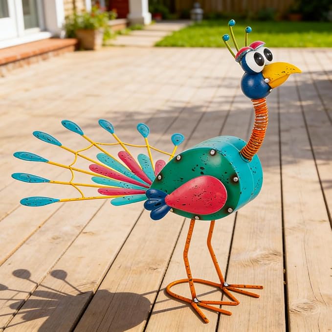 14'' Metal Peacock Garden Statues Outdoor Decor, Funny Peacock Decor Yard Sculptures Art Decoration for Patio Home Outsiede Lawn Backyard, Gift for Women Lovers Moms(Green & Red)