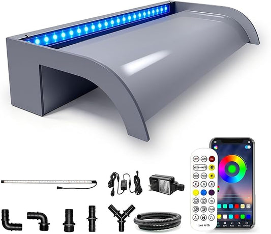 Pool Fountain, LONGRUN Waterfall Spillway for Koi Ponds - 23.6" Transparent Acrylic Waterfall with APP Control & Multi-Color LED Lights for Swimming Pool, Garden Pond, Patios, Spa Decoration