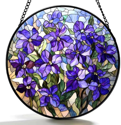 Stained Glass Window Hanging Lilac Stained Glass Style Suncatcher Round Purple Flower Window Hanging Decorative Panel Sun Catcher for Home Window Garden Gift
