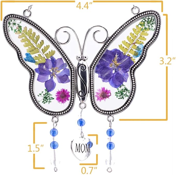 Laraine Butterfly Suncatcher with Pressed Colourful Flower Wings Mother's Day Butterfly Glass Wind Chime Ornament Charm with Metal Heart Gifts for Mom Grandma Birthday (Purple Mom)