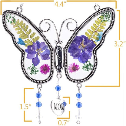 Laraine Butterfly Suncatcher with Pressed Colourful Flower Wings Mother's Day Butterfly Glass Wind Chime Ornament Charm with Metal Heart Gifts for Mom Grandma Birthday (Purple Mom)