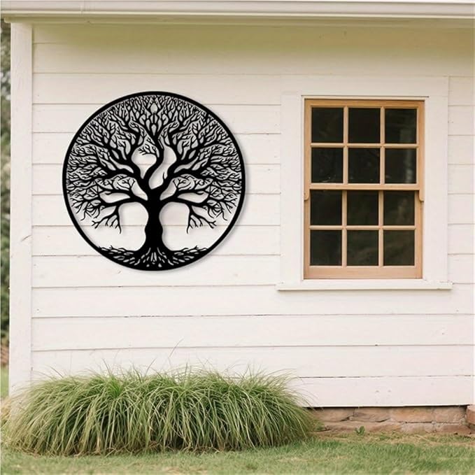 WPCJREU Black Metal Tree of Life Wall Art - Large Outdoor Weather-Resistant Iron Decor with Intricate Leaf Design for Garden, Patio, Porch, Nature-Themed Christmas Decor(30CM/12INCH)