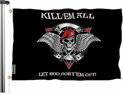 Swono Military Skull Flag 3x5 ft Skeleton With Wings Dagger Kill Em Them All Let God Flag for Outdoor Indoor Office Workplace Home Garden Business
