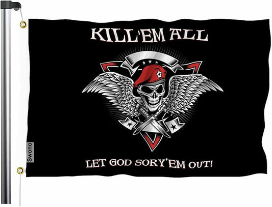 Swono Military Skull Flag 3x5 ft Skeleton With Wings Dagger Kill Em Them All Let God Flag for Outdoor Indoor Office Workplace Home Garden Business