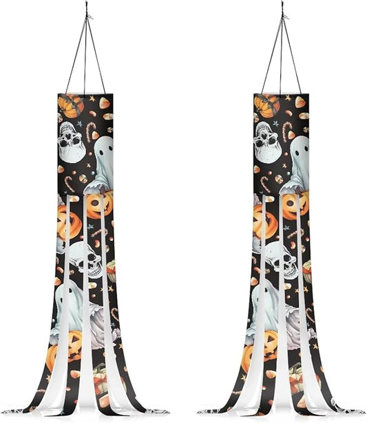 Halloween Ghost Pumpkin Skull Windsocks Hanging Durable Machine Washable Fabric Outdoor Hanging Decoration for Home Yard Patio Lawn Garden Tree Party Halloween Scary Horror Decor