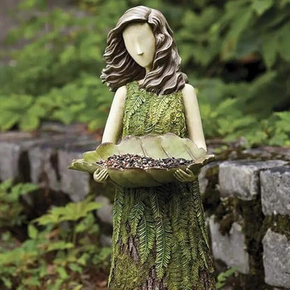 Akozon Enchanting Fairy Garden Statue with Bird Feeder - Elegant Ornament for Outdoor Decor, 1 Feet Tall Garden Art Sculpture with LeafShaped Seed Bowl (Green)