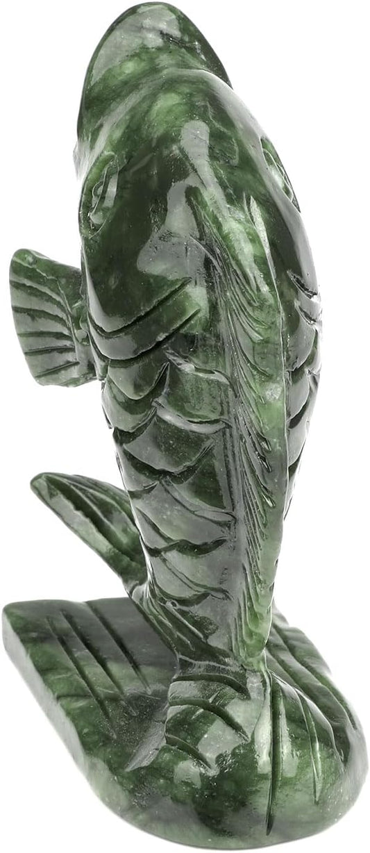 gemshan Jade Koi Fish Statue - 4.5 Inch Natural Jade Lucky Charm, Collector's Art Piece for Aquarium/Desk/Garden Feng Shui Arrangement