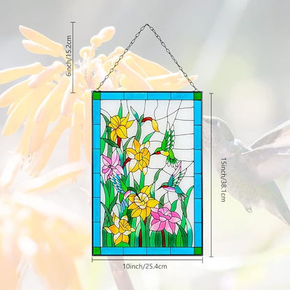 Viveta Hummingbird Stained Glass Window Hanging, Birds and Flowers Suncatcher for Window, Hummingbird Stained Glass Panel Hanging Ornament(Rectangular 10 * 15")